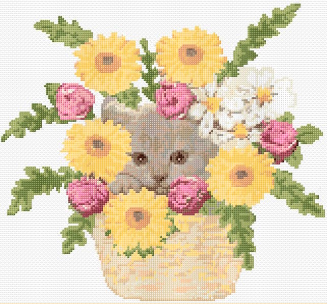 Kitten in a Basket free cross-stitch pattern