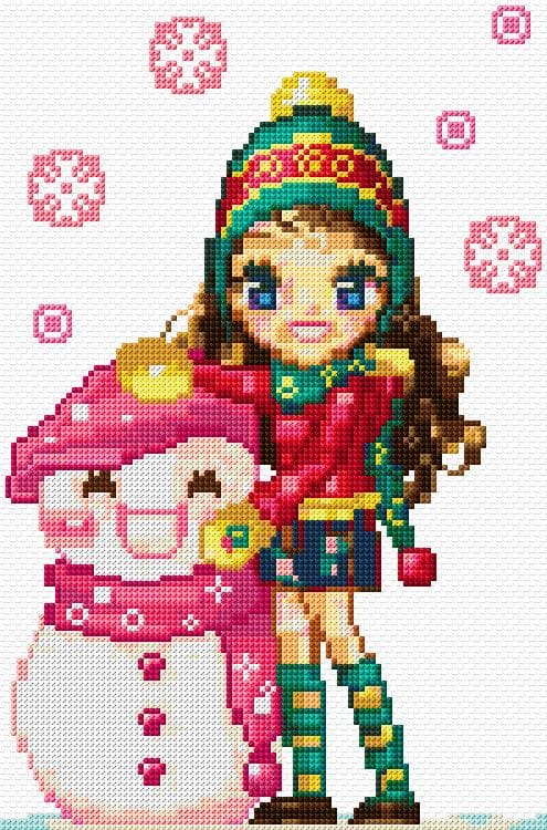 Girl with Snowman free cross-stitch pattern